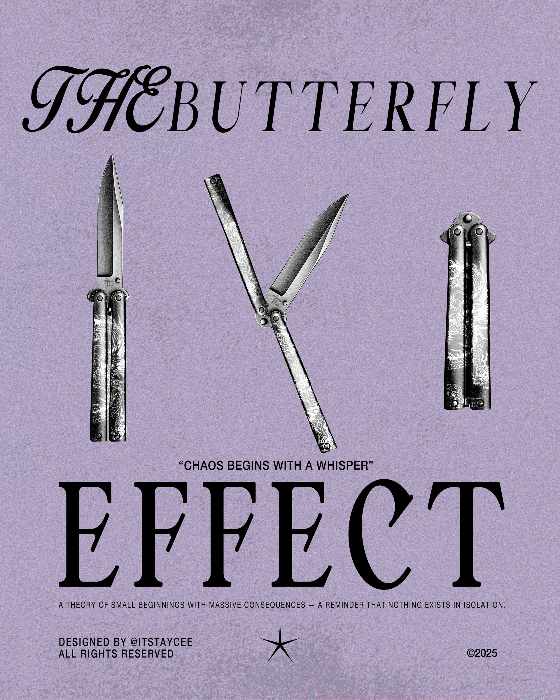 Butterfly Effect poster featuring three butterfly knives on a purple textured background