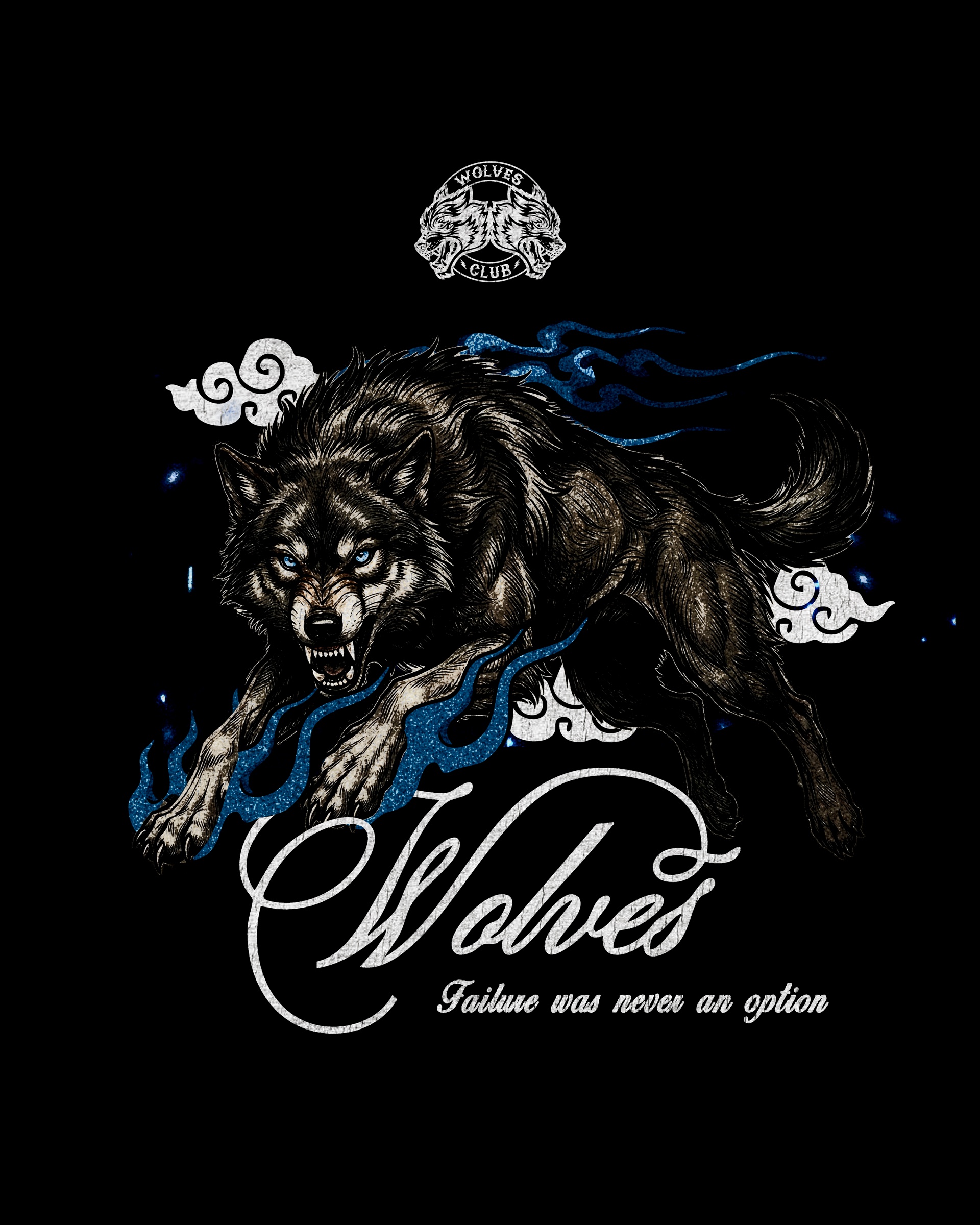 Dark wolf apparel graphic with blue flames and ornamental lettering