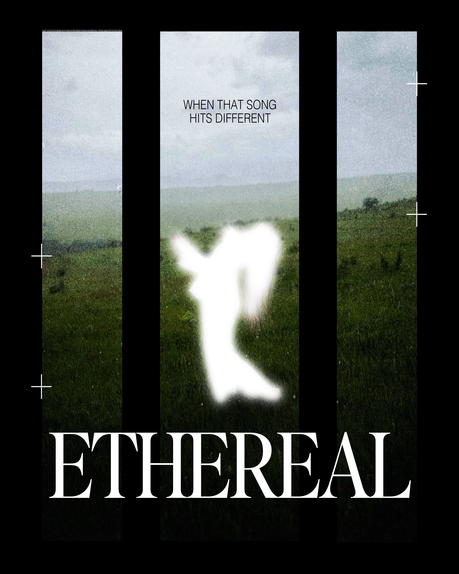 Ethereal poster showing a glowing figure in a field framed by three vertical panels