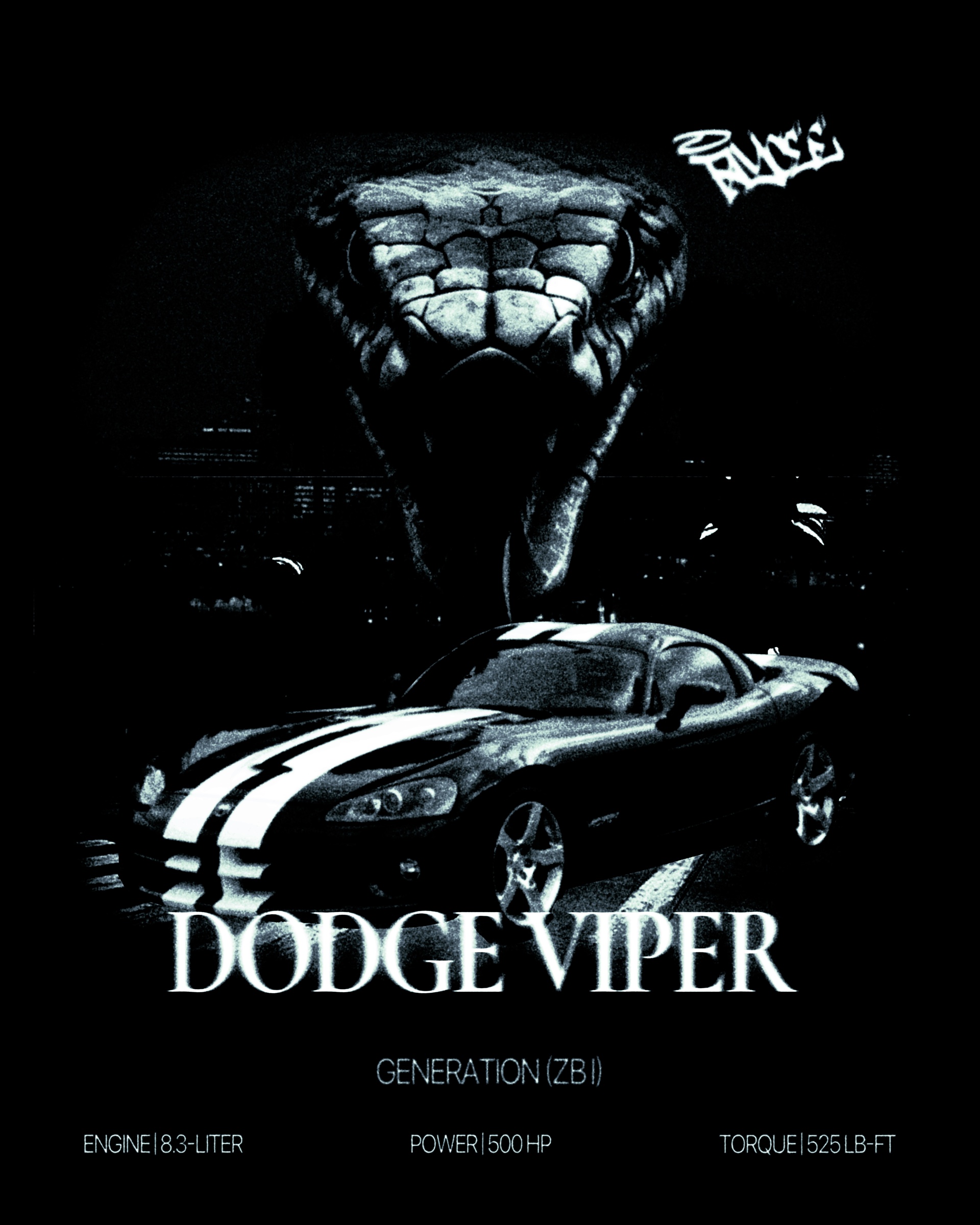 Dodge Viper poster with a snake and sports car in a high-contrast monochrome composition